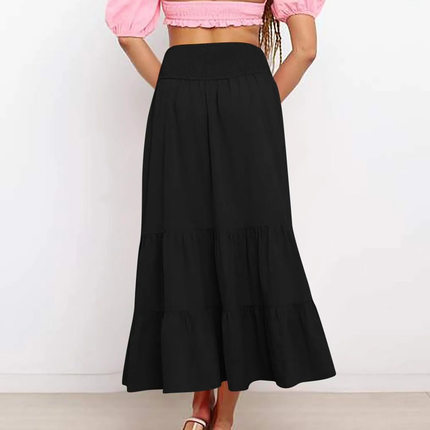 Women's Flowy Maxi Skirt Summer Trendy Boho Pleated Tiered Skirts Elastic High Waisted Casual Beach Swing Long Skirt