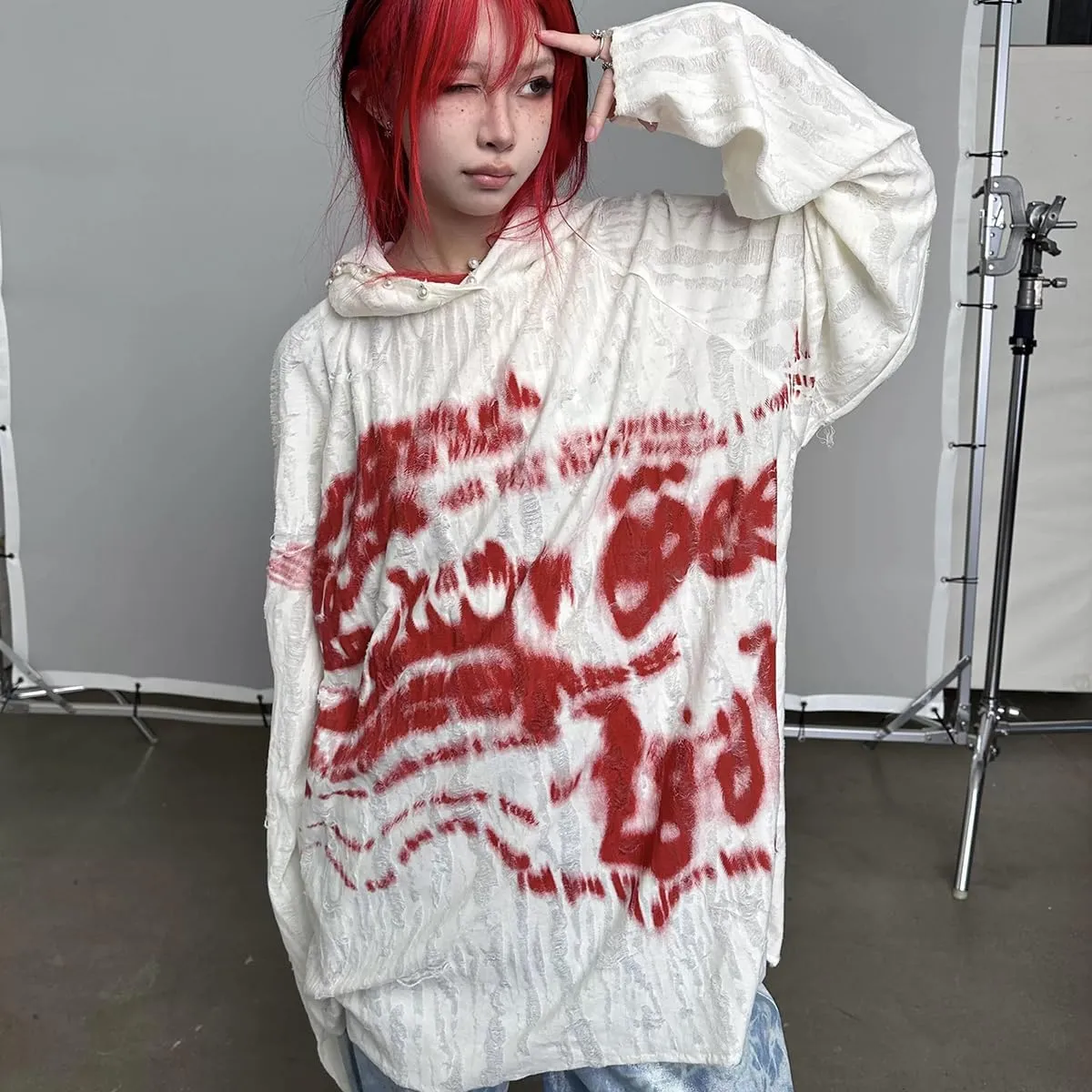 Women's Grunge Oversized Hoodie with Pearl & Bloody Graffiti Ultra-Thin Lightweight Sweatershirt for Spring Summer