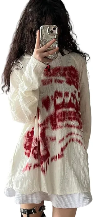 Women's Grunge Oversized Hoodie with Pearl & Bloody Graffiti Ultra-Thin Lightweight Sweatershirt for Spring Summer