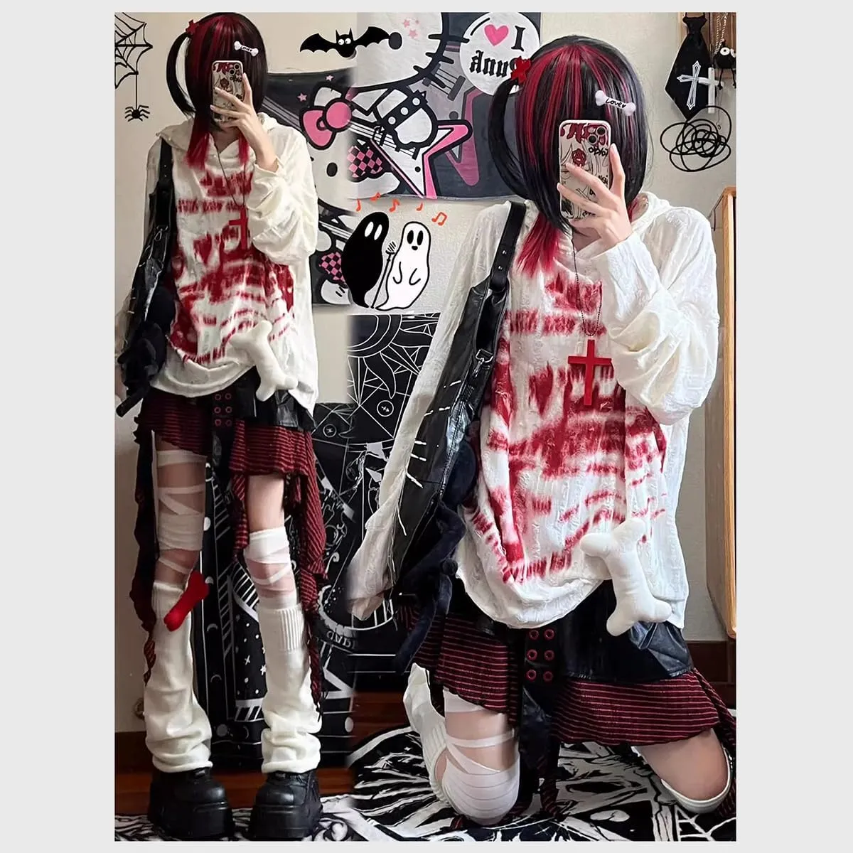 Women's Grunge Oversized Hoodie with Pearl & Bloody Graffiti Ultra-Thin Lightweight Sweatershirt for Spring Summer