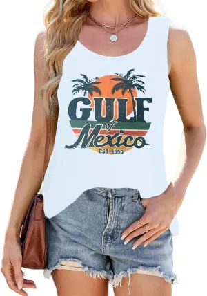 Women's Gulf of Mexico Tank Tops Vintage Coconut Tree Graphic Tees Sleeveless Beach T Shirts