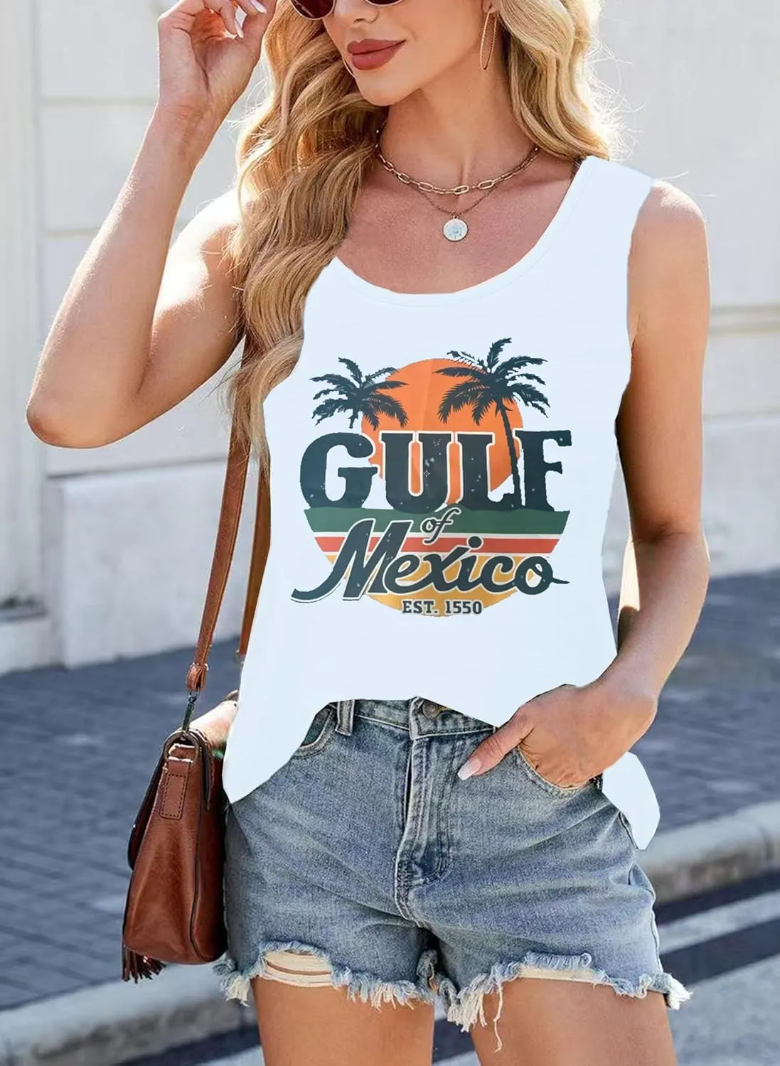 Women's Gulf of Mexico Tank Tops Vintage Coconut Tree Graphic Tees Sleeveless Beach T Shirts