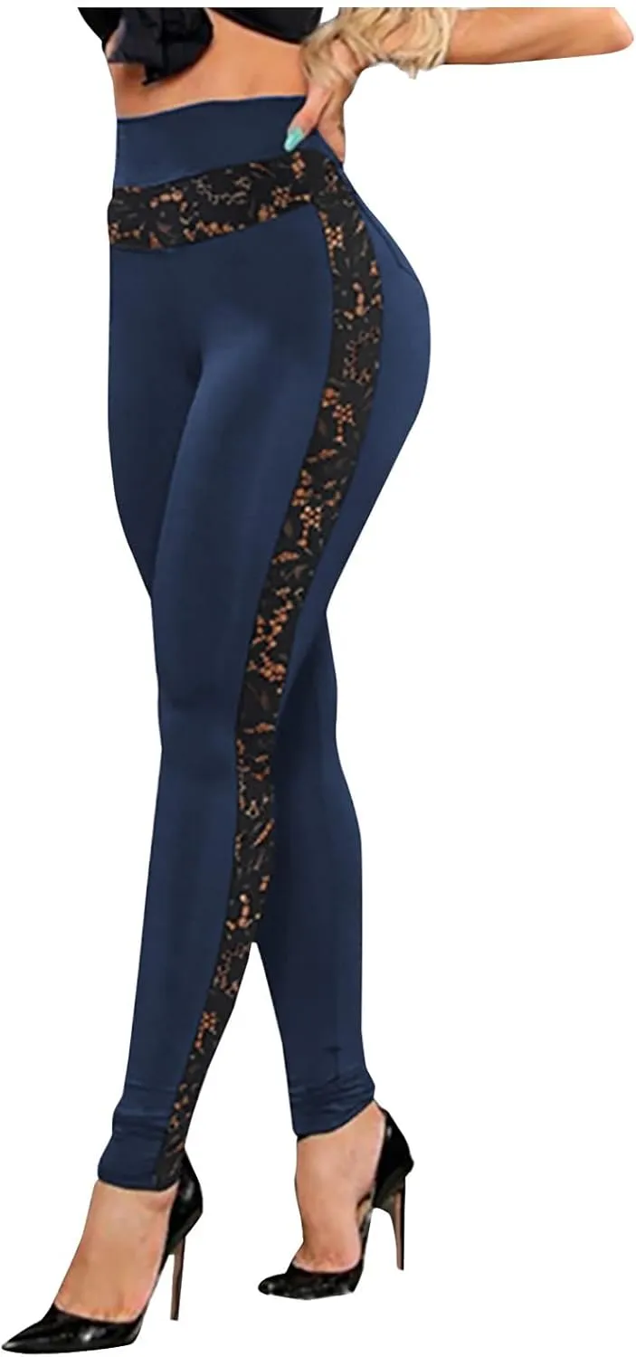Women's High Waisted Leggings Sexy Lace Stretchy Pull-on Jeggings Butt Lift Shapewear Firm Compression Leggings