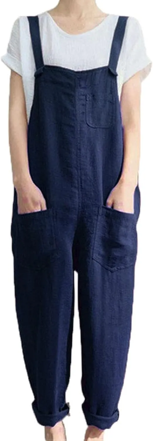Womens Jumpsuits Wide Leg Overalls Casual Summer Linen Sleeveless Outfits Solid Cute Wide Leg Rompers Pockets