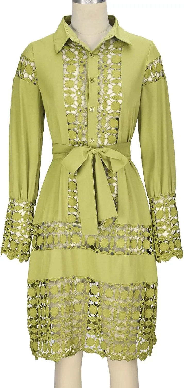 Women's Lace Dresses Summer Loose Fit Long Sleeve Shirt Dress Hollow Out Floral Layered Ruffle Pleated Mini Dress