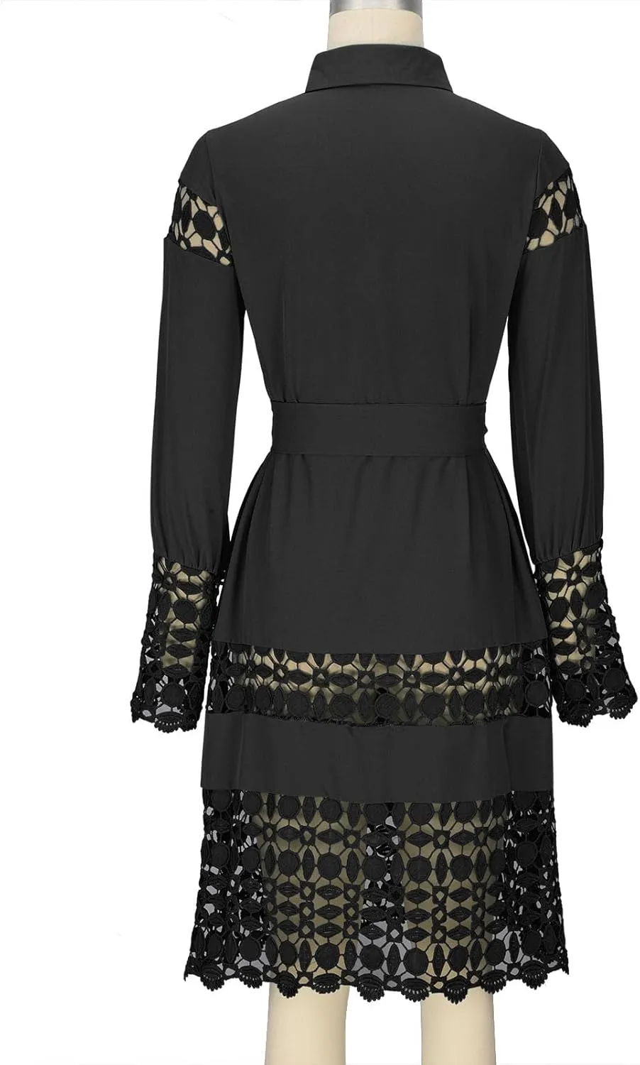 Women's Lace Dresses Summer Loose Fit Long Sleeve Shirt Dress Hollow Out Floral Layered Ruffle Pleated Mini Dress