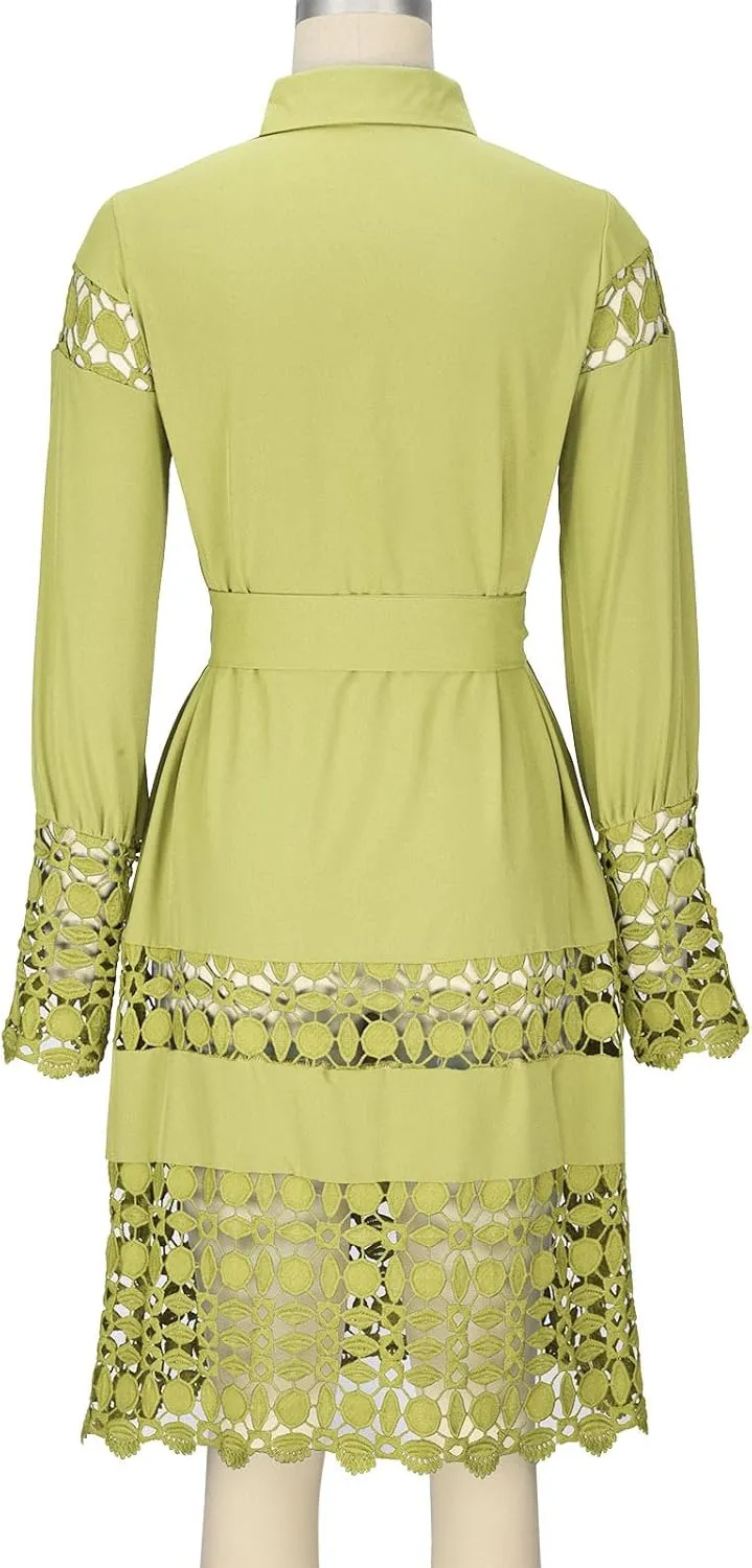 Women's Lace Dresses Summer Loose Fit Long Sleeve Shirt Dress Hollow Out Floral Layered Ruffle Pleated Mini Dress