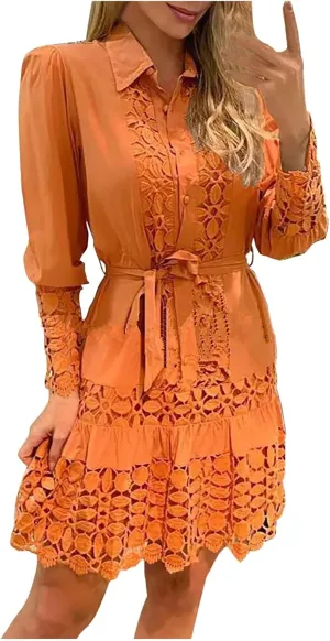Women's Lace Dresses Summer Loose Fit Long Sleeve Shirt Dress Hollow Out Floral Layered Ruffle Pleated Mini Dress