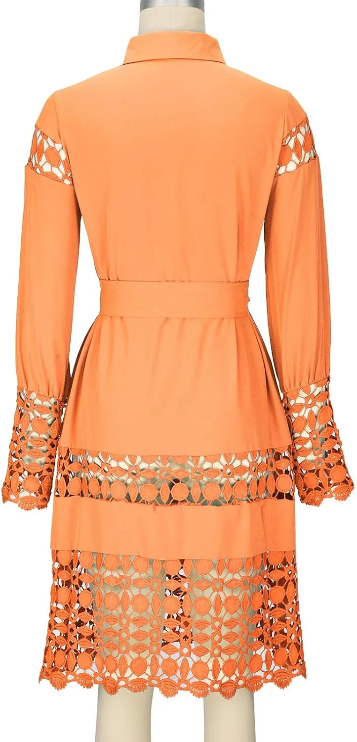 Women's Lace Dresses Summer Loose Fit Long Sleeve Shirt Dress Hollow Out Floral Layered Ruffle Pleated Mini Dress