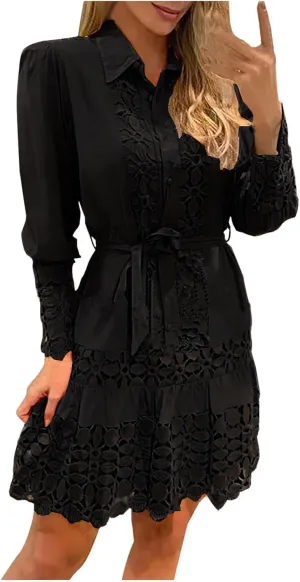 Women's Lace Dresses Summer Loose Fit Long Sleeve Shirt Dress Hollow Out Floral Layered Ruffle Pleated Mini Dress