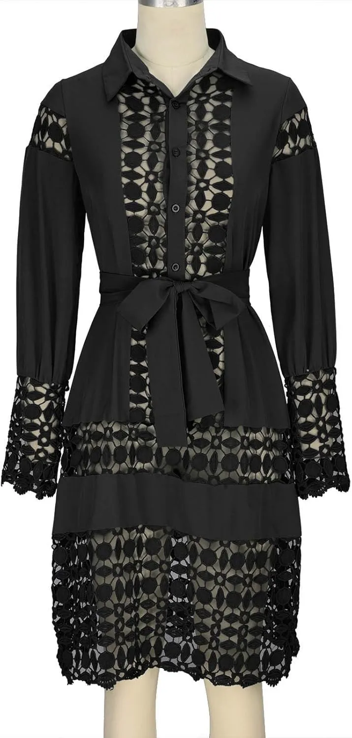 Women's Lace Dresses Summer Loose Fit Long Sleeve Shirt Dress Hollow Out Floral Layered Ruffle Pleated Mini Dress
