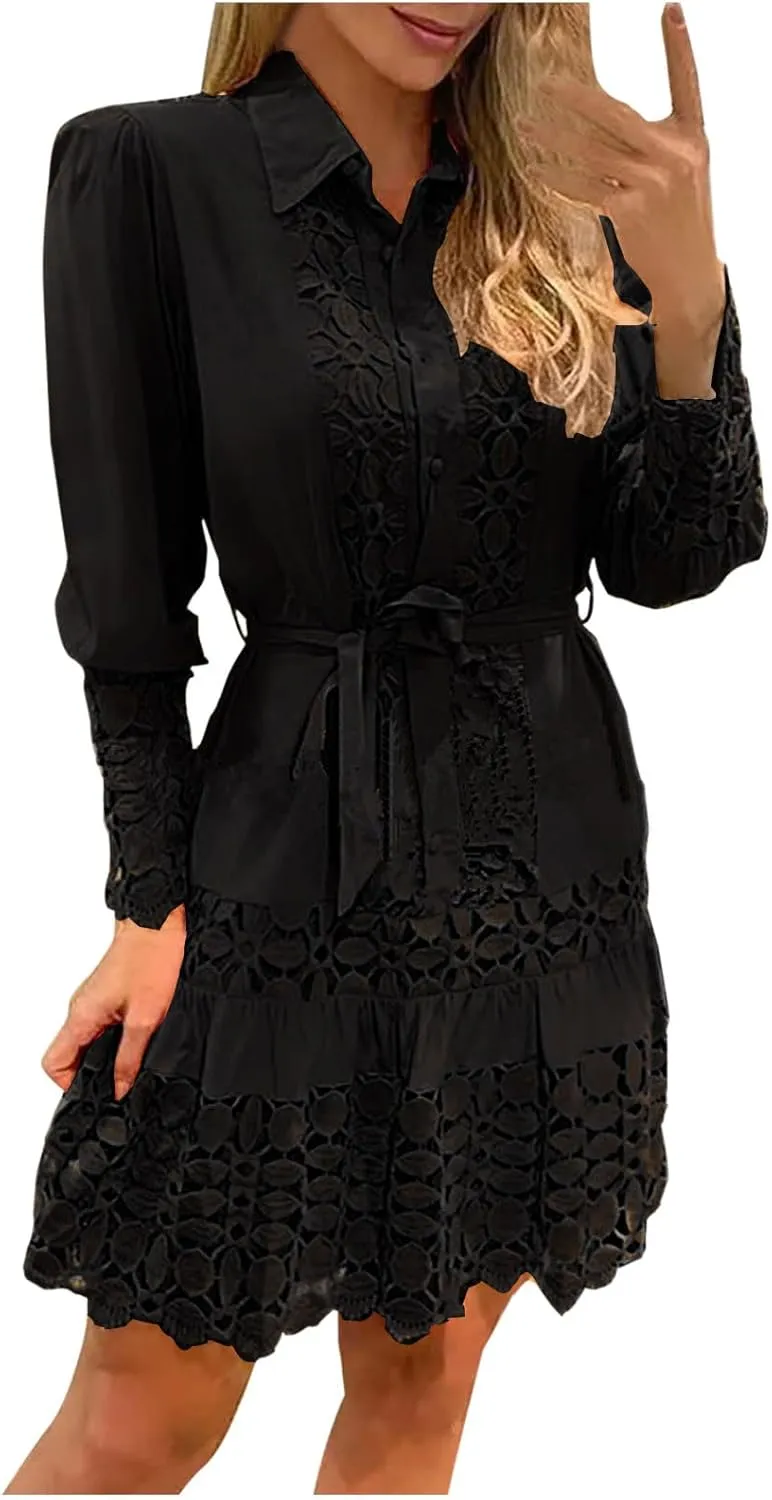 Women's Lace Dresses Summer Loose Fit Long Sleeve Shirt Dress Hollow Out Floral Layered Ruffle Pleated Mini Dress