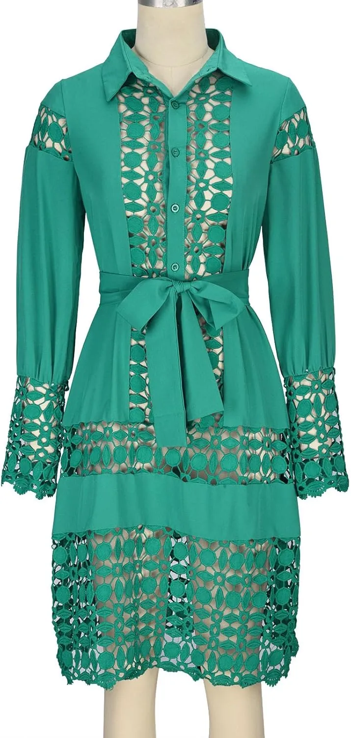 Women's Lace Dresses Summer Loose Fit Long Sleeve Shirt Dress Hollow Out Floral Layered Ruffle Pleated Mini Dress