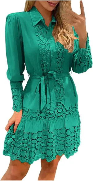 Women's Lace Dresses Summer Loose Fit Long Sleeve Shirt Dress Hollow Out Floral Layered Ruffle Pleated Mini Dress