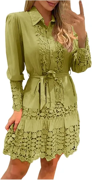 Women's Lace Dresses Summer Loose Fit Long Sleeve Shirt Dress Hollow Out Floral Layered Ruffle Pleated Mini Dress
