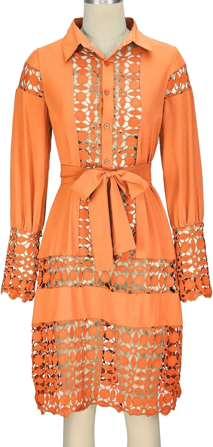 Women's Lace Dresses Summer Loose Fit Long Sleeve Shirt Dress Hollow Out Floral Layered Ruffle Pleated Mini Dress
