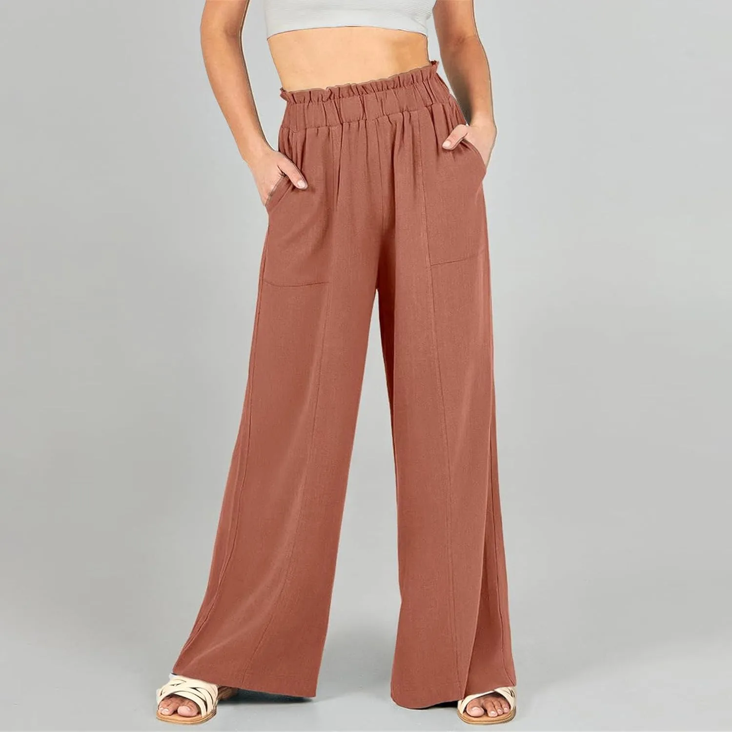 Women's Linen Pants 2025 Summer Casual Loose Wide-Leg Pants High Waisted Flowing Beach Pants Work Clothes with Pockets