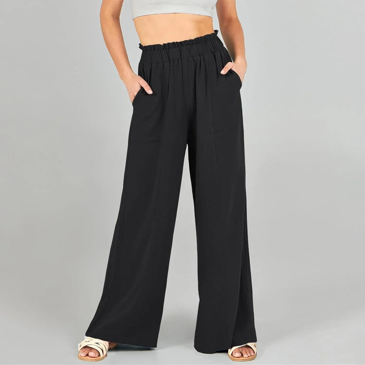 Women's Linen Pants 2025 Summer Casual Loose Wide-Leg Pants High Waisted Flowing Beach Pants Work Clothes with Pockets