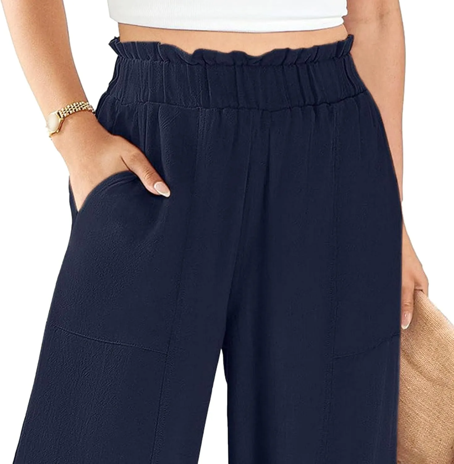 Women's Linen Pants 2025 Summer Casual Loose Wide-Leg Pants High Waisted Flowing Beach Pants Work Clothes with Pockets