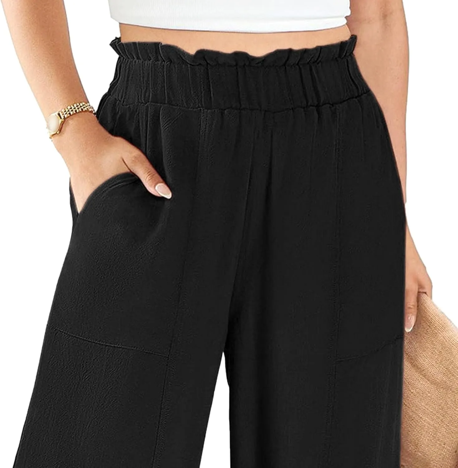 Women's Linen Pants 2025 Summer Casual Loose Wide-Leg Pants High Waisted Flowing Beach Pants Work Clothes with Pockets