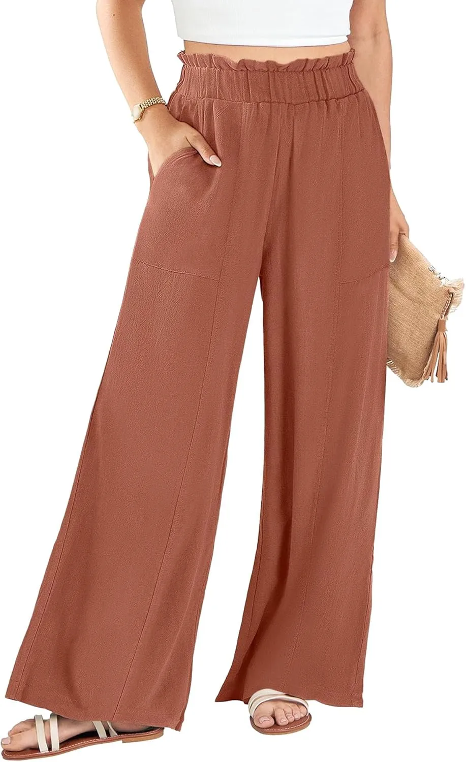 Women's Linen Pants 2025 Summer Casual Loose Wide-Leg Pants High Waisted Flowing Beach Pants Work Clothes with Pockets