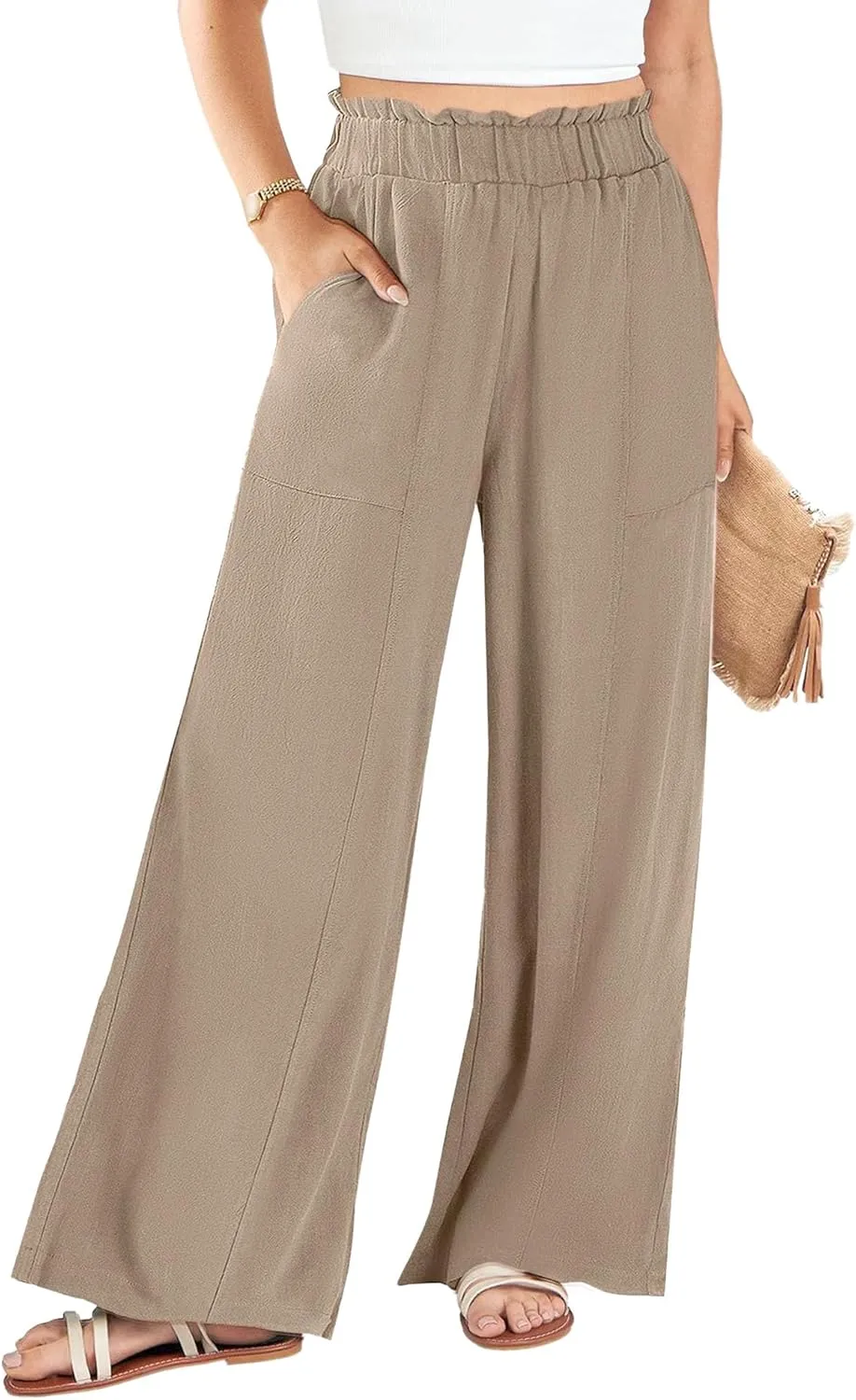 Women's Linen Pants 2025 Summer Casual Loose Wide-Leg Pants High Waisted Flowing Beach Pants Work Clothes with Pockets
