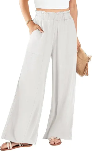 Women's Linen Pants 2025 Summer Casual Loose Wide-Leg Pants High Waisted Flowing Beach Pants Work Clothes with Pockets