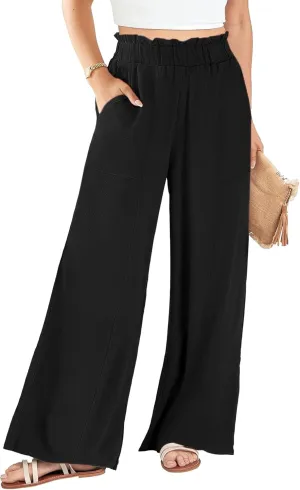 Women's Linen Pants 2025 Summer Casual Loose Wide-Leg Pants High Waisted Flowing Beach Pants Work Clothes with Pockets