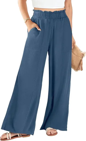 Women's Linen Pants 2025 Summer Casual Loose Wide-Leg Pants High Waisted Flowing Beach Pants Work Clothes with Pockets