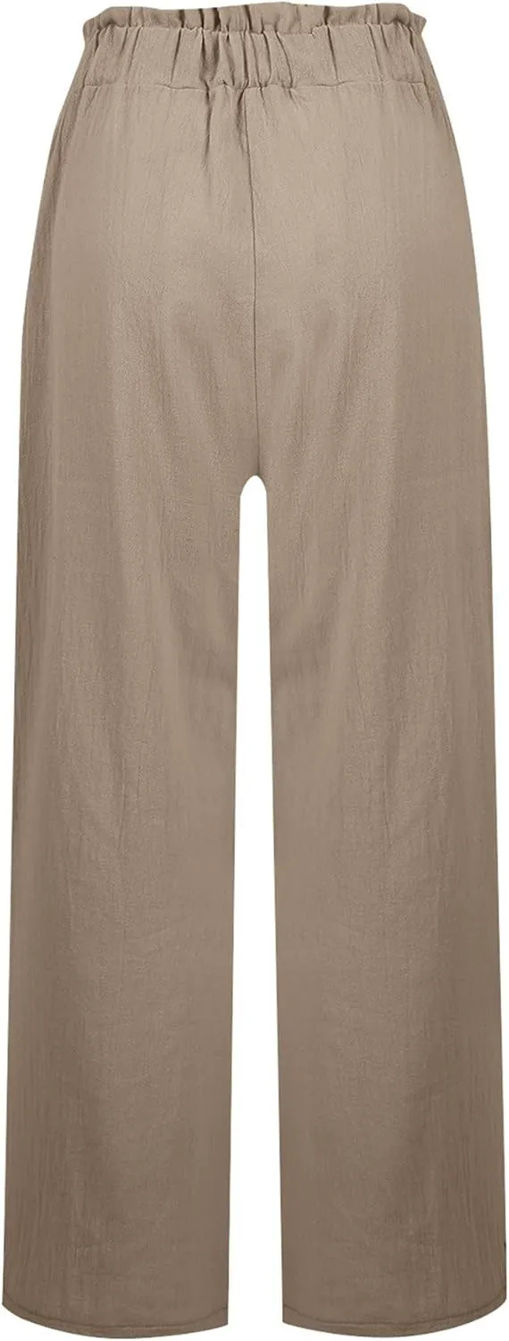 Women's Linen Pants 2025 Summer Casual Loose Wide-Leg Pants High Waisted Flowing Beach Pants Work Clothes with Pockets
