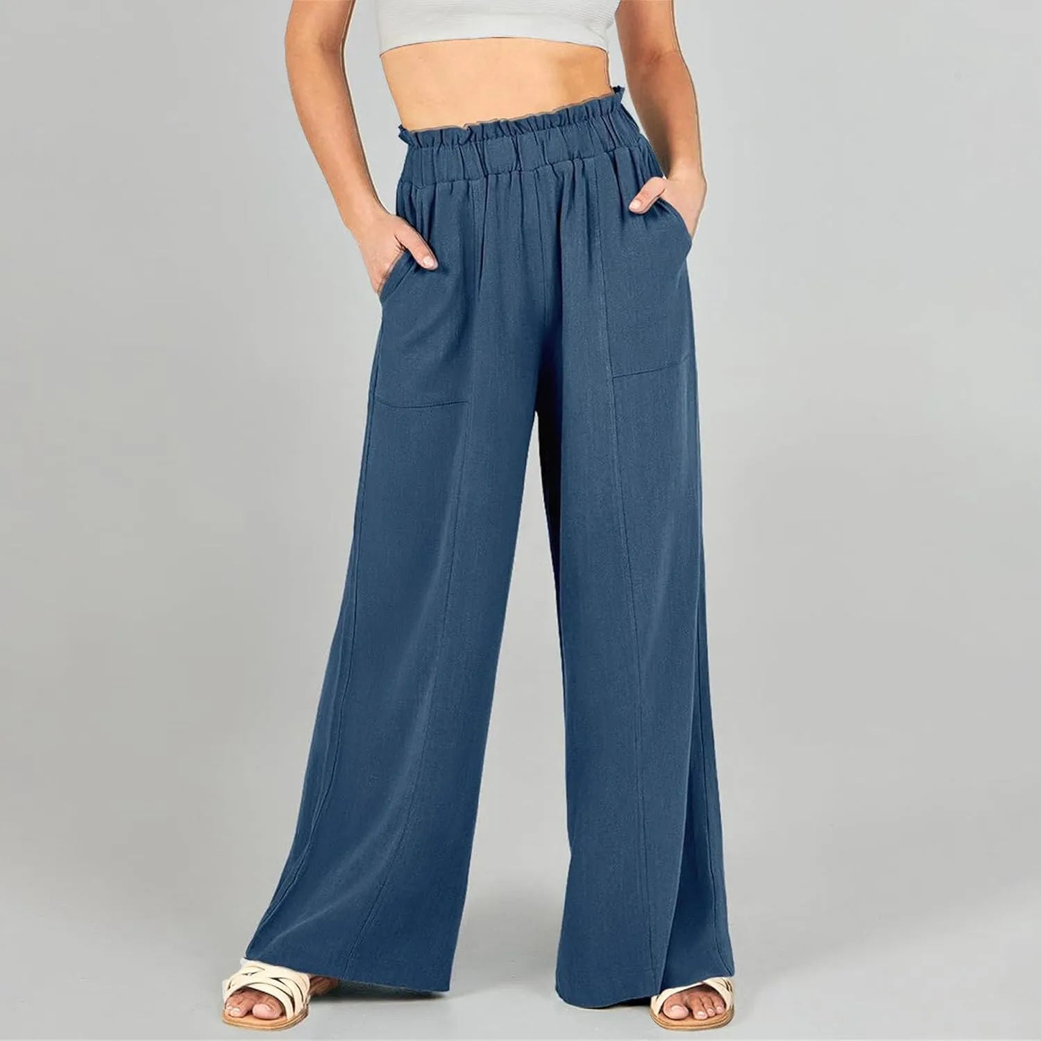 Women's Linen Pants 2025 Summer Casual Loose Wide-Leg Pants High Waisted Flowing Beach Pants Work Clothes with Pockets