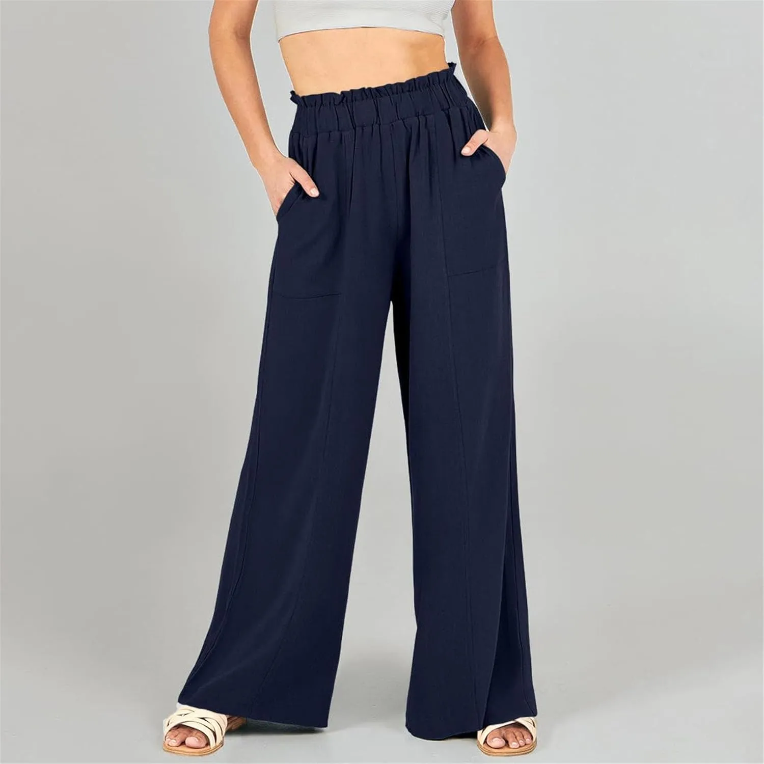 Women's Linen Pants 2025 Summer Casual Loose Wide-Leg Pants High Waisted Flowing Beach Pants Work Clothes with Pockets