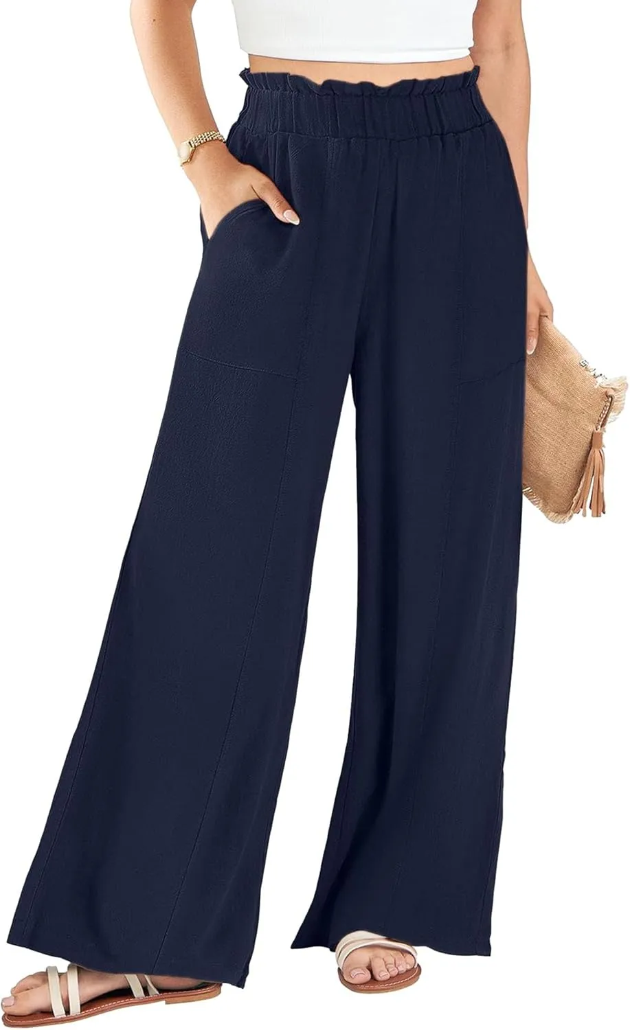 Women's Linen Pants 2025 Summer Casual Loose Wide-Leg Pants High Waisted Flowing Beach Pants Work Clothes with Pockets