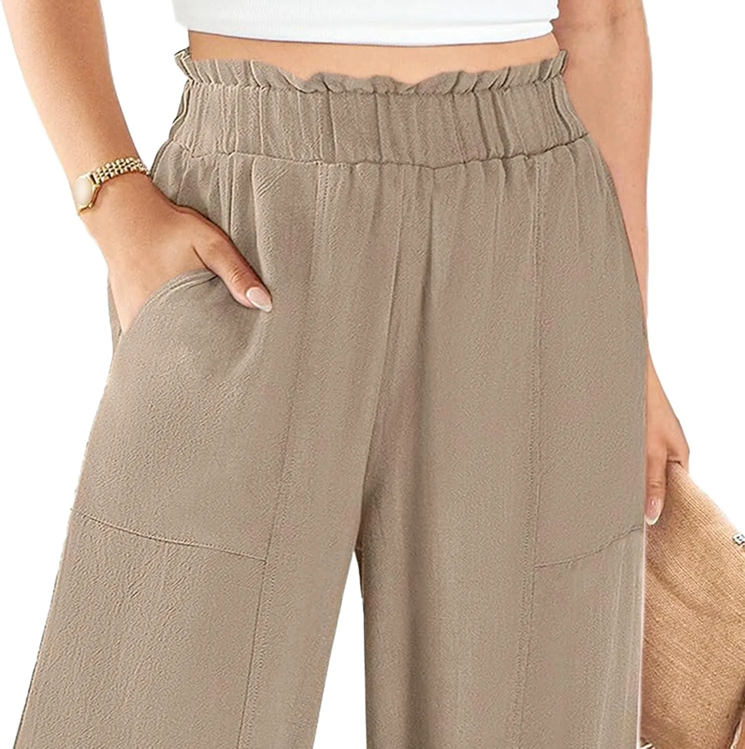 Women's Linen Pants 2025 Summer Casual Loose Wide-Leg Pants High Waisted Flowing Beach Pants Work Clothes with Pockets