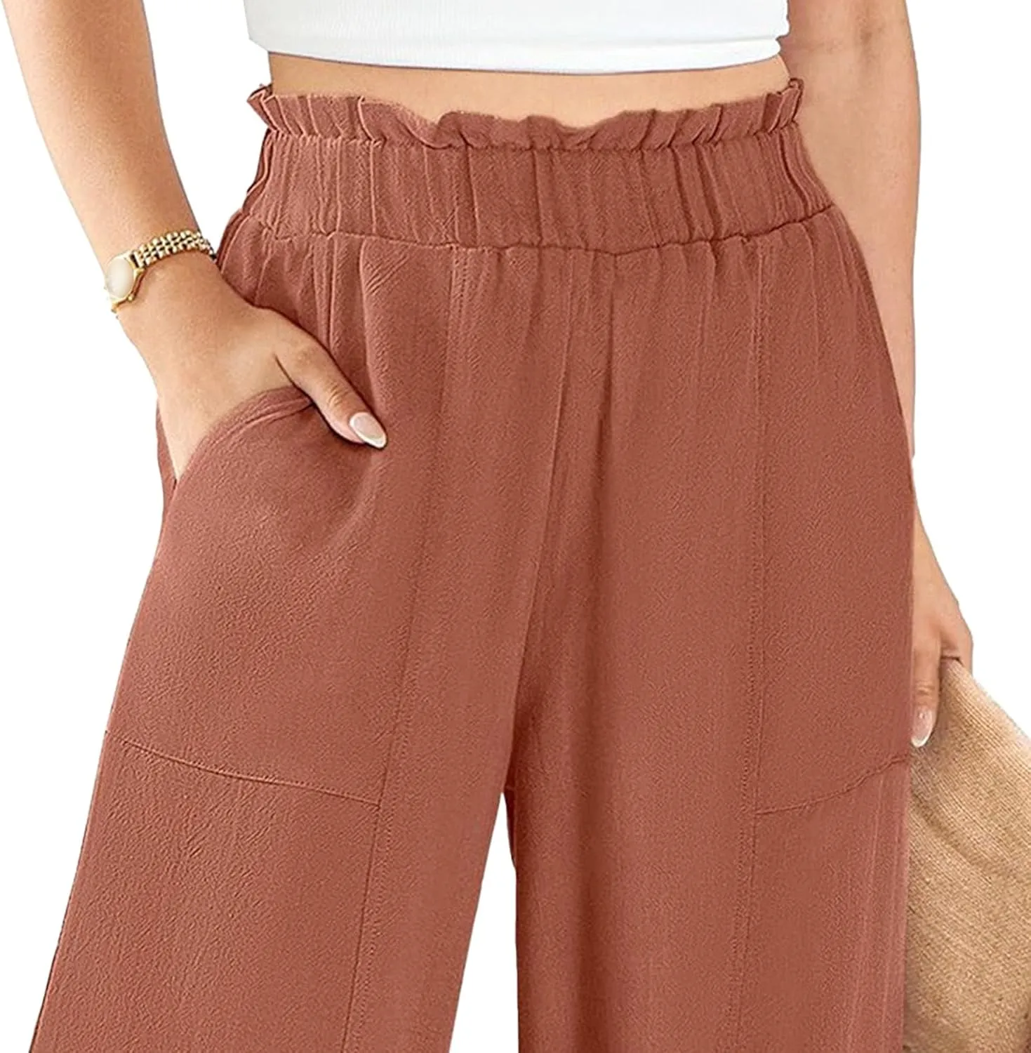 Women's Linen Pants 2025 Summer Casual Loose Wide-Leg Pants High Waisted Flowing Beach Pants Work Clothes with Pockets