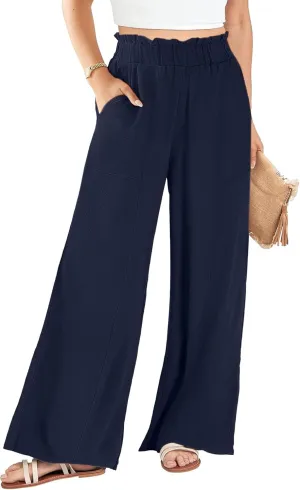 Women's Linen Pants 2025 Summer Casual Loose Wide-Leg Pants High Waisted Flowing Beach Pants Work Clothes with Pockets
