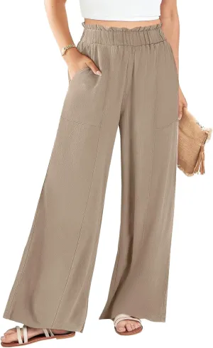 Women's Linen Pants 2025 Summer Casual Loose Wide-Leg Pants High Waisted Flowing Beach Pants Work Clothes with Pockets