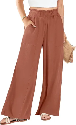 Women's Linen Pants 2025 Summer Casual Loose Wide-Leg Pants High Waisted Flowing Beach Pants Work Clothes with Pockets