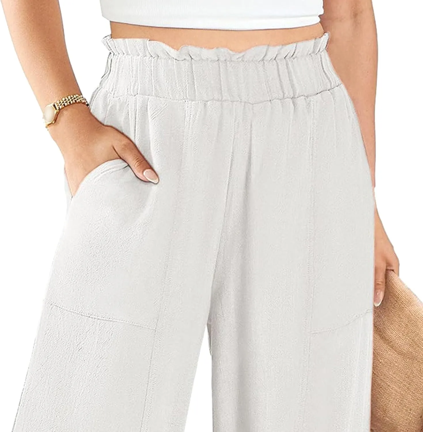 Women's Linen Pants 2025 Summer Casual Loose Wide-Leg Pants High Waisted Flowing Beach Pants Work Clothes with Pockets