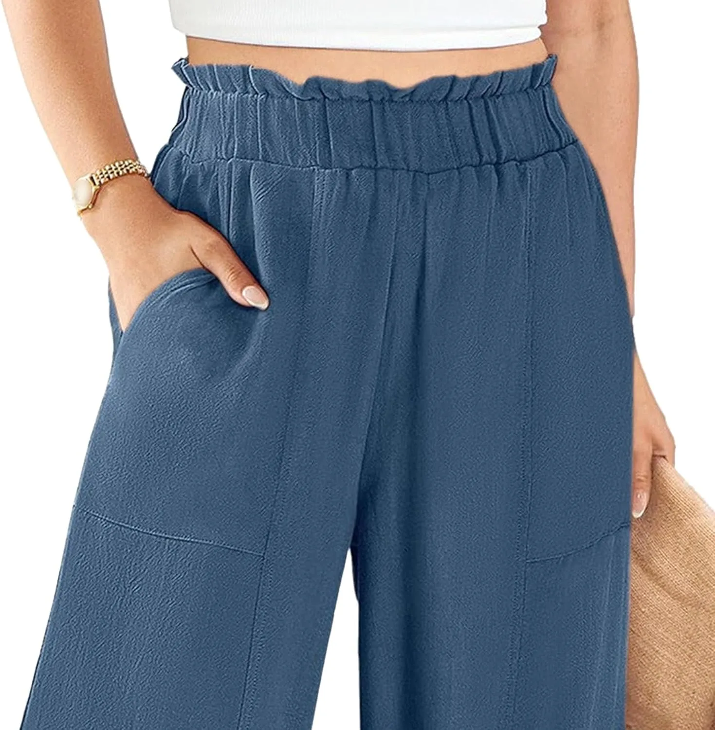 Women's Linen Pants 2025 Summer Casual Loose Wide-Leg Pants High Waisted Flowing Beach Pants Work Clothes with Pockets