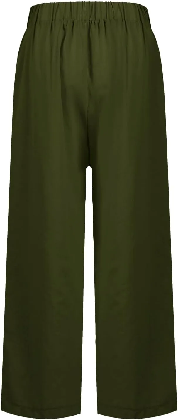 Womens Linen Pants,Summer Casual Straight Leg Pant High Elastic Waisted Lounge Pants Beach Long Trousers with Pocket