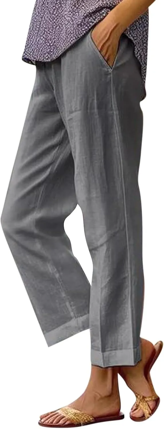 Womens Linen Pants,Summer Casual Straight Leg Pant High Elastic Waisted Lounge Pants Beach Long Trousers with Pocket
