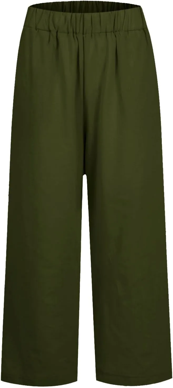 Womens Linen Pants,Summer Casual Straight Leg Pant High Elastic Waisted Lounge Pants Beach Long Trousers with Pocket