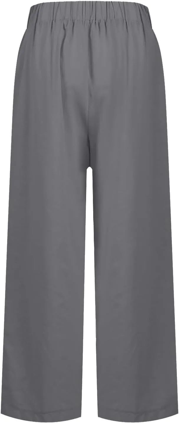 Womens Linen Pants,Summer Casual Straight Leg Pant High Elastic Waisted Lounge Pants Beach Long Trousers with Pocket