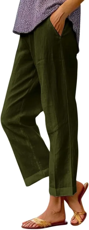 Womens Linen Pants,Summer Casual Straight Leg Pant High Elastic Waisted Lounge Pants Beach Long Trousers with Pocket