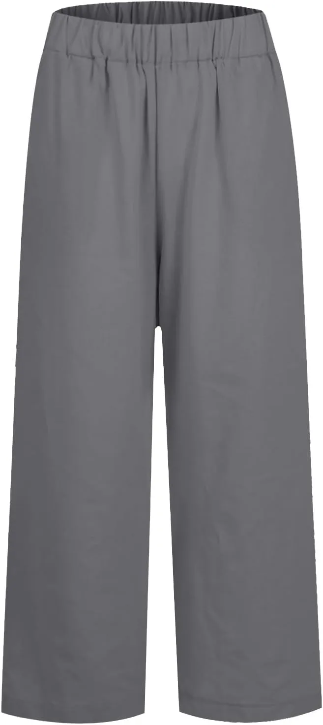 Womens Linen Pants,Summer Casual Straight Leg Pant High Elastic Waisted Lounge Pants Beach Long Trousers with Pocket
