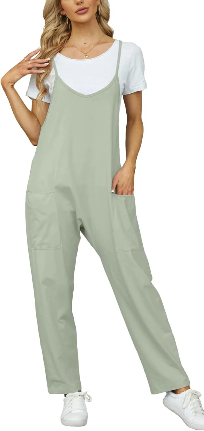 Women's Loose Casual V Neck Sleeveless Jumpsuits Spaghetti Strap Long Pant Rompers Sling Jumpsies Rompers