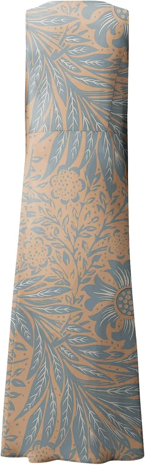 Women's Loose Cotton Linen Solid Plus Size Dress Print Boho Swing Oversized Loose Dress with Pockets