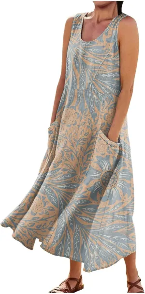 Women's Loose Cotton Linen Solid Plus Size Dress Print Boho Swing Oversized Loose Dress with Pockets