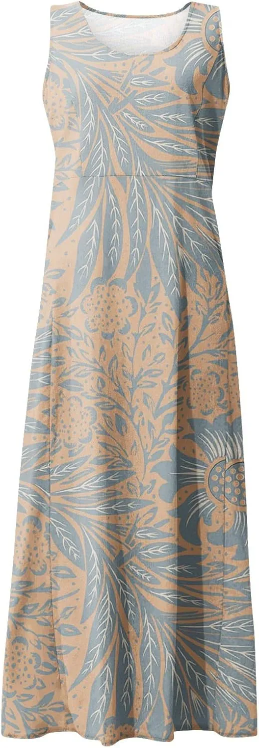 Women's Loose Cotton Linen Solid Plus Size Dress Print Boho Swing Oversized Loose Dress with Pockets